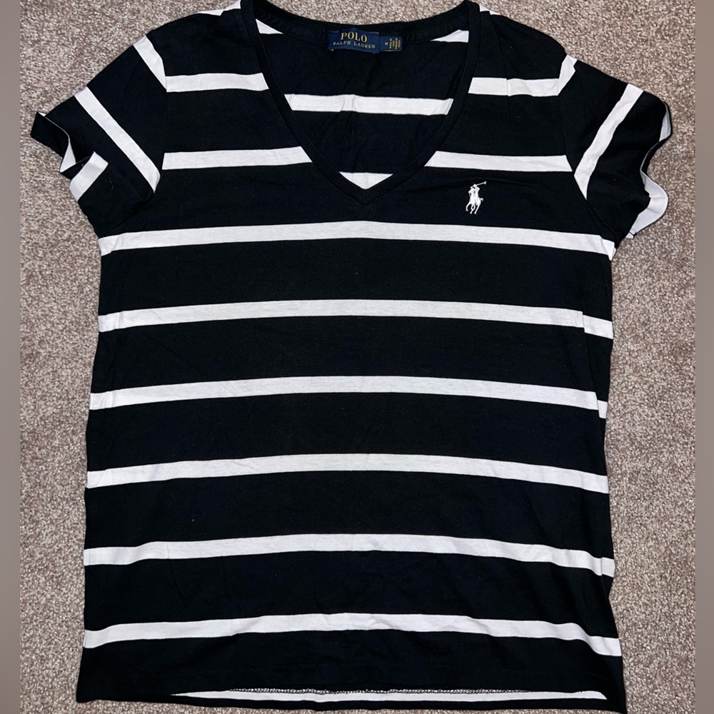 Polo Ralph Lauren Black White Stripe Pony Crewneck Short Sleeve Tee T Shirt M
